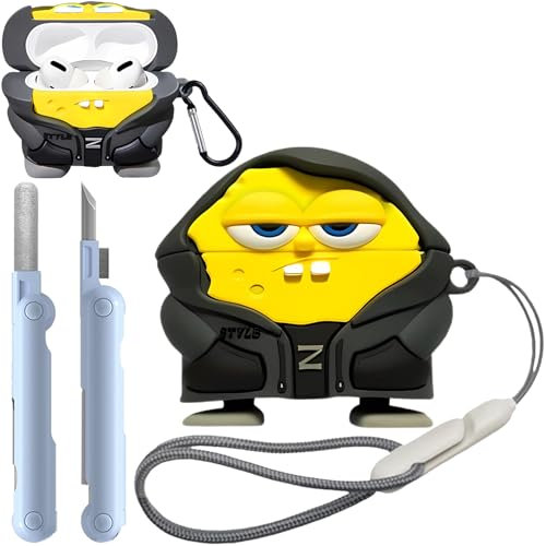 rvesce Custodia in silicone 3D per AirPods Pro di 2a/1a generazione, con portachiavi e cordino, kit di pulizia, design con personaggi, per bambini, ragazzi e ragazze (giallo)
