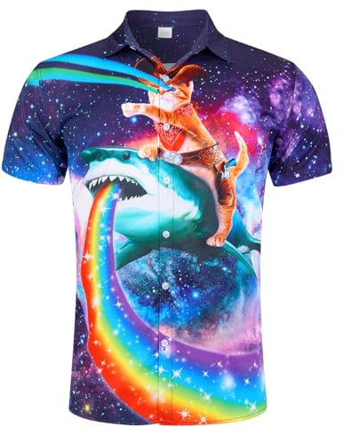 ALISISTER Mens Hawaiian Shirt 3D Cat Shark Printed Short Sleeve Shirts Tropical Button Down T Shirt Beach Holiday Aloha Summer Regular Shirts Purple XL