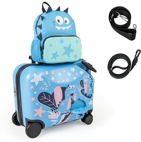 COSTWAY 2tlg Kinderkoffer + Rucksack, 12+18 Kindertrolley mit Rollen & wasserdichter Hartschale, Kindergepäck mit Tragegurt, Seil & Fußstützen, Rollkoffer für Jungen Mädchen (Dinosaurier)