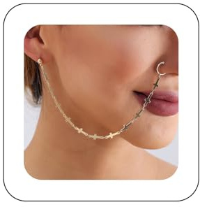 TseenYi Punk nez anneau oreille chaîne or croix gland nez chaîne cerceau chaîne vintage crucifix frange faux nez anneau boucles d'oreilles non piercing manchette nez à oreille chaîne bijoux