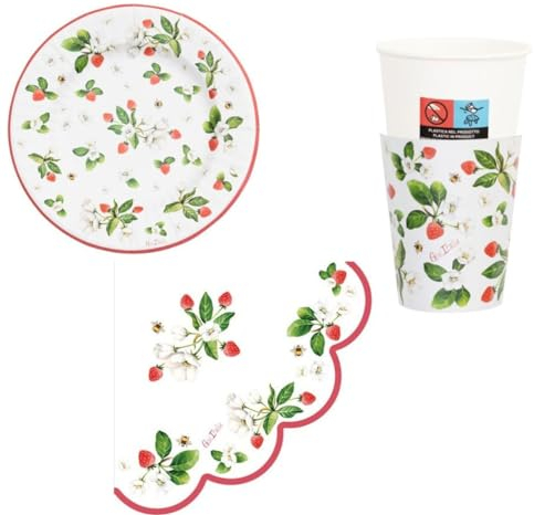Set 32 pezzi - Kit Coordinato tavola FRAGOLINE e FIORELLINI piatti bicchieri tovaglioli BIODEGRADABILE - decoro buffet feste - 8 piatti + 8 Bicchieri + 16 tovaglioli