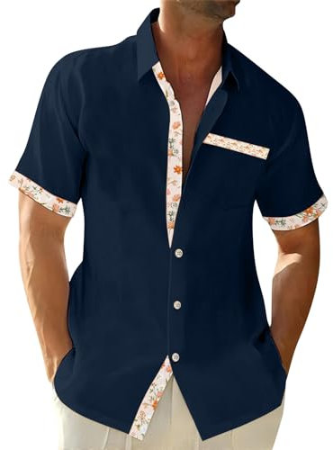 Chemise en Lin Homme Manches Courtes à Fleur Col De Chemise Hawaienne Bleu XL