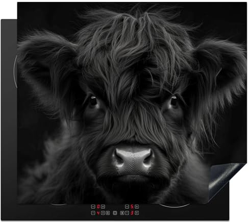 KitchenYeah© Herdabdeckplatte 60x52 cm Einteilig Induktionsmatte Küche Abdeckung Ceranfeld Herd Abdeckplatte Deko Vinyl Matte Aufrollbar Schottisches Hochlandrind - Schwarz - Kalb - Kuh