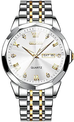 OLEVS Herren Uhr Großes Zifferblatt Gold Silber Edelstahlband Quarz Uhr Herren Römische Ziffern mit Datum Diamant Herren Armbanduhr Stylish Luxus Wasserdicht Leuchtend Analog Uhr für Herren