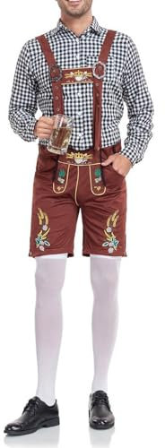 Trachtensets für Herren Lederhose Herren Trachten Set Lederhose Kurze Shorts mit Träger+Trachtenhemd Bayerische Oktoberfest Kostüm Trachtenlederhose Oktoberfest Herren Outfit