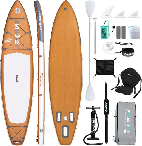 FunWater 350 & 320 cm Stand Up Paddling Board Inflatable SUP Paddle Board Aufblasbar mit Sitz, Paddel, Pumpe, Tragegurt, Deckbag, Für Alle Könnensstufen (350CM WALNUSSHOLZ-MĀLIE)