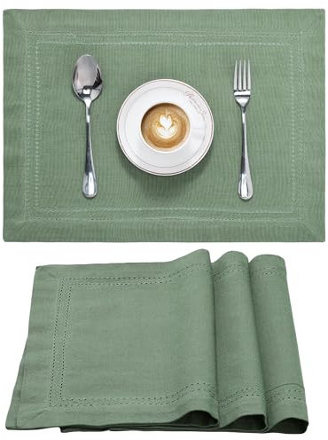 JEMIDI 4er Set Tischset mit Hohlsaum - 4 Tischsets aus Baumwolle - 4X Platzdeckchen Platzset aus Leinenoptik Stoff - Tisch Sets Platzsets Placemats - Grün