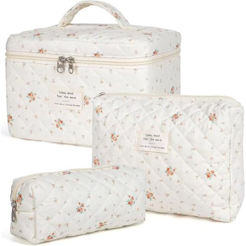 Damen Gesteppte Kulturtasche, 3 Stück Kosmetiktasche, Blumenmuster Kulturbeutel Set, Reisen Schminktasche Gedruckt, Baumwolle Make up Bag für Frauen Mädchen (Blumen auf weißem Hintergrund)