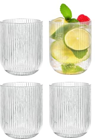 Zoha Relief Crystal Gläser 4er Set – 280 ml Teegläser | Trinkgläser für Heiß- und Kaltgetränke | Design Riffle Glass Kaffeebecher | Glasbecher für Cocktail, Eiskaffee und Saft | Spülmaschinengeeignet