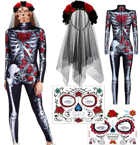 Deguisement Halloween Femme Squelette, Halloween Tatouages Temporaires pour Visage, Serre Tete Fleur Halloween, Déguisement Squelette Adulte Cosplay Costume pour Halloween, Carnaval (Couleur, XXL)