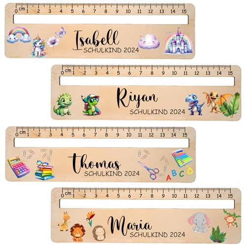 Personalisiertes Lesehilfe mit Lineal aus Holz - 15 cm Lineal mit Namen & süßen Motiven wie Dino, Bär - Geschenk zur Einschulung 2025 für Jungen & Mädchen - Schultüten-Füllung, Schulanfang (Farbig)