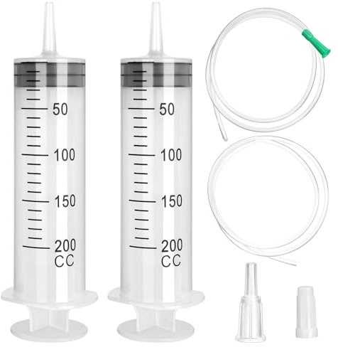 2 Stück Große Spritze 200ml, Plastikspritze Wiederverwendbare, Flüssige Spritze mit Schlauch, Klebstoff-Applikatorspritze in Einzelverpackung, Ölspritze Dosierspritze aus Kunststoff für Industrie