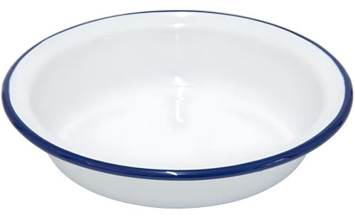 AMK® Falcon Pie Dish Round Traditional White 20cm x 4D Traditionally Enameled with Blue Rim Dishwasher & Oven Safe
