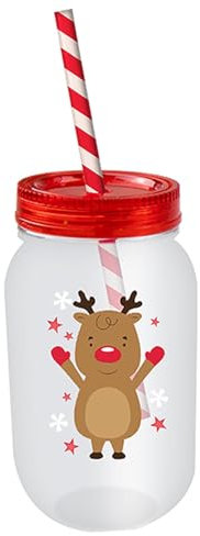 Widdle Gifts Christmas Mason Jar and Straw - Re-useable Sturdy Plastic Childrens Mason Jar (Reindeer)