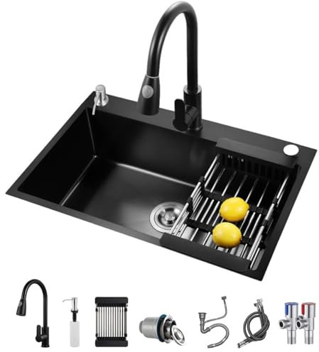 GWFBLID Fregadero Cocina Negro Gris con Escurridor Retráctil, Grande Fregadero sobre Encimera Negro para Armarios, Fregadero Negro 1 Seno de Acero INOX con Sifón y Rebosadero
