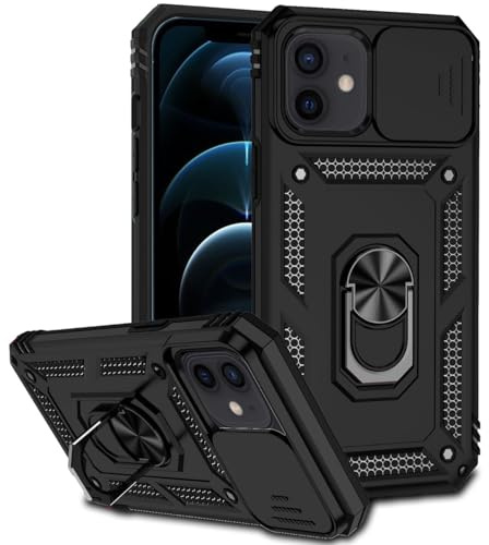 Tothedu Case for iPhone 12 Mini Case with Slide Camera Cover, Built-in 360° Rotate Ring Kickstand Magnetic Shockproof Phone Cover for iPhone 12 Mini Black