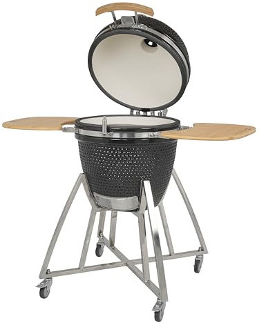 Tarrington House Barbecue a Carbonella Naggado, Ceramica/Acciaio Inox, Ø 47 cm, Termometro, Ruote, Tabvolini Laterali Pieghevoli, Nero