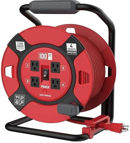 HPHPH Kabeltrommel, 100 Fuß einziehbare Verlänrungskabeltrommel mit 4 Steckdosen und robustem 14AWG-Kabel(100 ft)