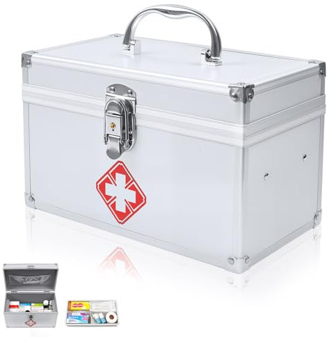 Gemsaya Erste Hilfe Koffer, Abschließbare Medizinbox Aufbewahrungsbox mit Tragegriff & Tragegurt, 25 x 14 x 16 cm, Metall Medikamenten Aufbewahrung Hausapotheke Box für Haus Schule Krankenhaus