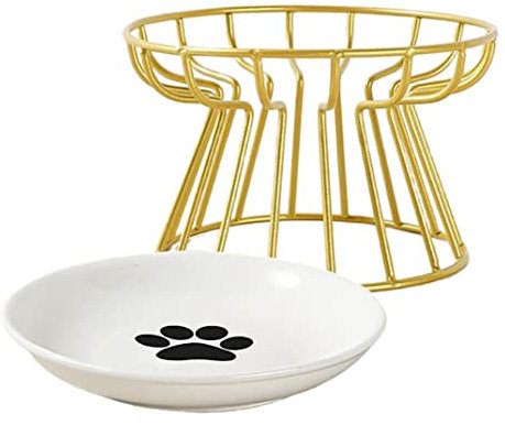 Raised Ceramic Cat Dish with Metal Stand Friendly Anti-Vomit Ceramic Cat Plate Elevated Bowl with Stand for and Small Dogs Gold Rack, Paw Plate