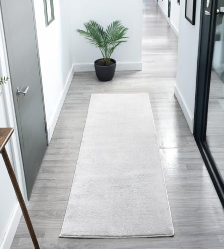 Comfy Washable Plain Non-Slip Hallway Runner Rug, Silver, 60x200cm