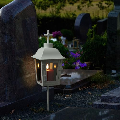 Grablaterne mit roter Mini LED Kerze Grablicht mit 2 wechselbarer Spitzen (kugel, Kreuz) und Erdspieß Grableuchte Grablampe Friedhofslaterne Gartenlaterne weiß (Laterne mit Kerze/Typ2)