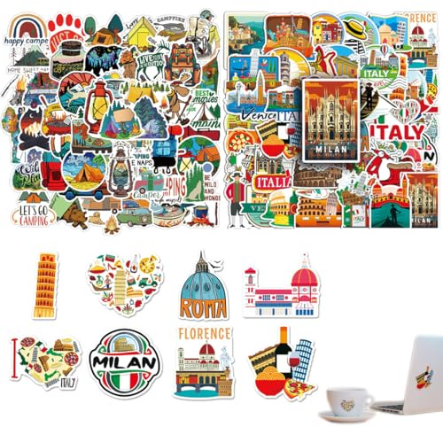 2 X 50 Stück Italien Sticker und Outdoor-Reiseaufkleber, Romantische Italien Reiseaufkleber, Italy Landschaftsaufkleber Set, Vinyl Graffiti Sticke Reisen für Wasserflasche Laptop Gepäck Scrapbooking