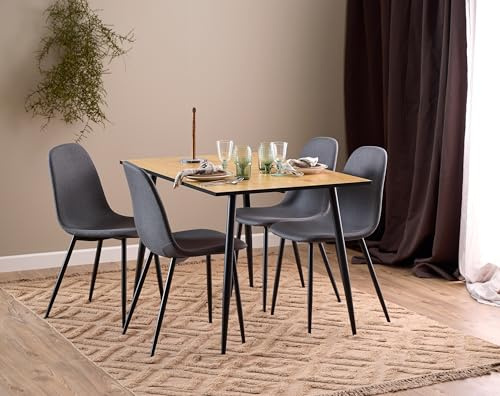 Essgruppe >Wilma< 5-teilig, mit eckigem Tisch, Wildeiche Dekor & 4 Schalenstühlen, Stoffbezug dunkelgrau – stabiles Stahlgestell, platzsparend, modern, Esstisch 120x75x80 / Stuhl 44,5x86x56cm.