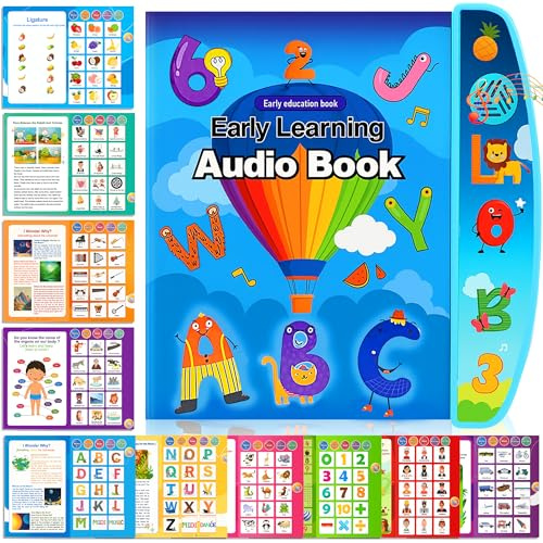 Chennyfun Interactif de Livre Sonore Éducatif Ludique, Imagier Sonore, Jeu Éducatif Électronique pour Apprendre Lettres, Chiffres, Couleurs, Formes, Mots, Cadeau Enfant 2 3 4 5 Ans, Contenu en Anglais