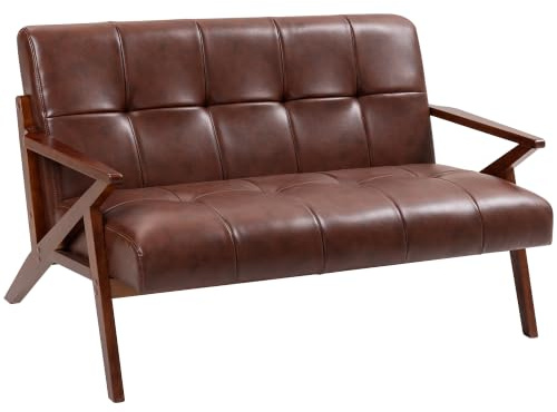 HOMCOM Compact 2 Seater Sofa Vintage Loveseat Sofa 133 x 81 x 78.5 cm Brown | Tufted, Solid Wood Legs, PU Leather, Small Couch Settee, Living Room, Bedroom, Home Office
