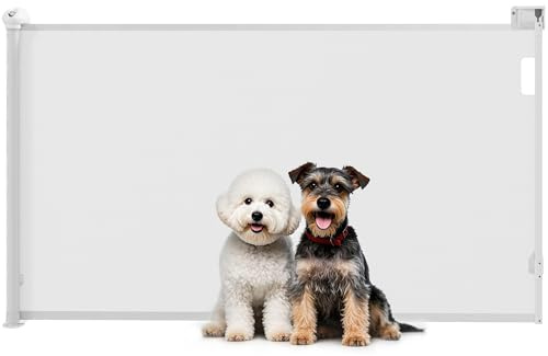 PawHut Barrera para Perros Retráctil 0-144 cm Puerta para Perros Pequeños Extensible Barrera de Seguridad para Mascotas con Interruptor de Cierre para Escaleras Puertas Pasillos Blanco
