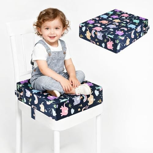 KBIBCK Sitzerhöhung Stuhl Kind, Sitzerhöhung Sitzkissen Kinder, PU Waschbar Zerlegbar, Esszimmerstuhl Erhöhen Pad mit 2 Sicherheitsschnalle Gurt, Rutschfeste Stuhlerhöhung Kinder, 32x32x8 cm (Elefant)