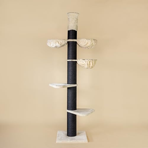 RHRQuality Krabpaal voor Grote katten - Maine Coon Tower Plus - 235 tot 255cm Hoog – met extra dikke 20cm sisalpalen - Blackline Créme
