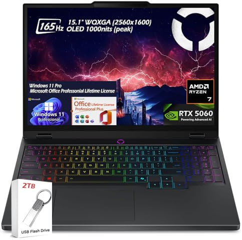 Lenovo Legion 5 15.1 WQXGA OLED 165HZ Gaming Laptop, AMD Ryzen 7 250, RTX 5060, 16GB RAM 2TB SSD, Wi-Fi7, Backlit KB, Win11 Pro & Office Lifetime License, Eclipse Black, w/2TB USB Drive, W/GaLiMu