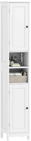 HOMCOM Badezimmerschrank hoch Badschrank schmal Hochschrank mit 2 Türen, 2 offenen Fächern, Verstellbare Regale für Badezimmer, Wohnzimmer 30 x 30 x 170 cm Weiß
