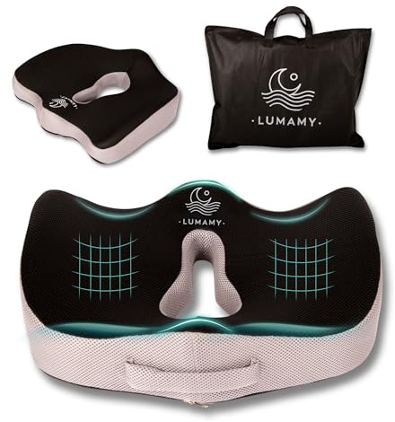 LUMAMY Cojin Silla Oficina de Espuma Viscoelastica XL Reduce Presión, Cojin Coxis con Diseño Ergonómico, Cojin Antiescaras, Embarazada Confort Prolongado para Trabajo, Hogar y Coche