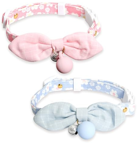 2 Pcs Halsband Katze Mit Einem Bogen, katzenhalsband mit Glocke, 16-32cm Einstellbar Katzen Halsbänder, Kitten Halsbänder Mit Schnellverschluss Geeignet Für Welpen, Katzen, Kätzchen(Rosa, Blau)