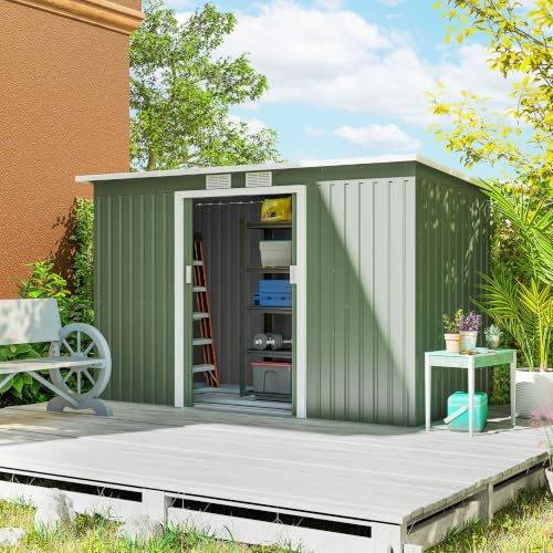 Outsunny Caseta de Jardín Exterior 3,2 m² 280x130x172 cm, Verde | Cobertizo de Jardín Exterior, Puerta Corredera, Techo Inclinado, Base Refuerzo (Suelo NO Incluido), 2 Ventanas