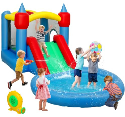 AIYAPLAY Castello Gonfiabile per Bambini 4 in 1 con Scivolo 415x205x190 cm | Trampolino, Piscina Palline, Canestro, Borsa da Trasporto, Soffiatore, per Interni ed Esterni, Adatto a 3-8 Anni