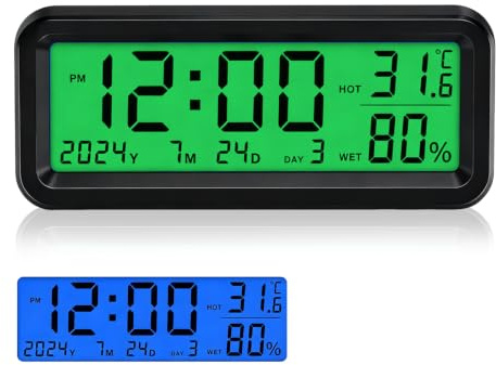 Mini Auto Uhr Solar Digital Auto Armaturenbrett Uhr Fahrzeug Elektronische Digitaluhr für das Armaturenbrett, Zeit, Datum, Temperaturanzeige, Luftfeuchtigkeit (Blau-Grün)
