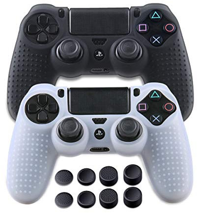 Silicone Skins for PS4 controller - Anti-slip Silicone Cover Skin for Sony Playstation 4/ PS4 Slim/ PS4 Pro Controller - 2 x PS4 Controller Cover Skin with 8 x Joystick Thumb Stick Caps - Black&White