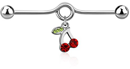 Autiga Industrial Stab Piercing Ohr Stecker Kirsche Cherry Straight Barbell Silber-rot 38 mm