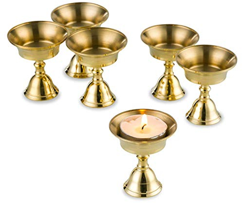 Sziqiqi 6 Pcs Ghee Lamp Butter Holder Brass Tealight Holder Brass Oil Lamp Votive Candle Holders, Golden Cup Candle Holder Tibetan Buddhist Altar Supplies, Gold
