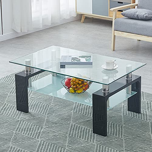 CLIPOP Couchtisch Rechteckig Beistelltisch aus Hartglas,Wohnzimmertisch Moderner Sofatisch mit Stauraum,Kaffeetisch Glastisch mit Unterer Ablage fürs Wohnzimmer Balkon Schlafzimmer,100 x 60 x 44 cm