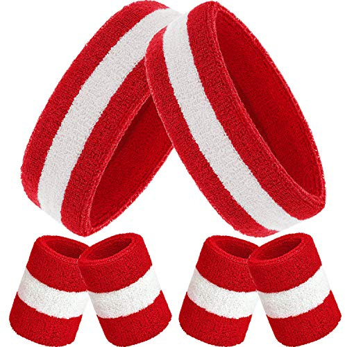 Bememo Schweißbänder Set, Enthaten Sport Stirnband und Schweißbänder Bunt Handgelenk Schweißband aus Baumwolle für Männer und Damen (Rot Weiß und Rot, 6 Stücke)