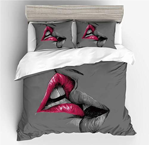 Küss Kiss Bettwäsche Set,Die Lippen der Sexy Frau Hell Rote Lips Lächeln 3D Druck Bettbezug mit Kissenbezügen,Weiche Microfaser Duvet Cover für Damen Mädchen (Grau, 135 x 200 cm)