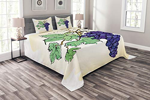 ABAKUHAUS Traube Tagesdecke Set, Concorde Früchte mit Blättern, Set mit Kissenbezügen Sommerdecke, für Doppelbetten 264 x 220 cm, Champagne Multicolor