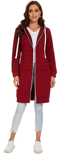 YOSICIL Damen Herbst Winter Outing Stil Frauen Warm Reißverschluss Öffnen Clubbing Dating Elegante Hoodies Sweatshirt Langen Mantel Jacke Tops Outwear Hoodie Outwear Kapuzenpullover,Weinrot,4XL