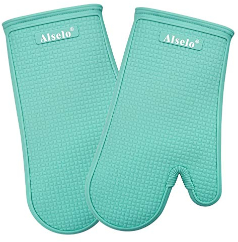 Alselo Oven Mitts Heat Resistant Silicone Kitchen Gloves for 500 Degrees with Waterproof and Non-Silp, Set of 2 Oven Gloves for Backing Cooking Barbecue Microwave Machine Washable (Blue, 2)