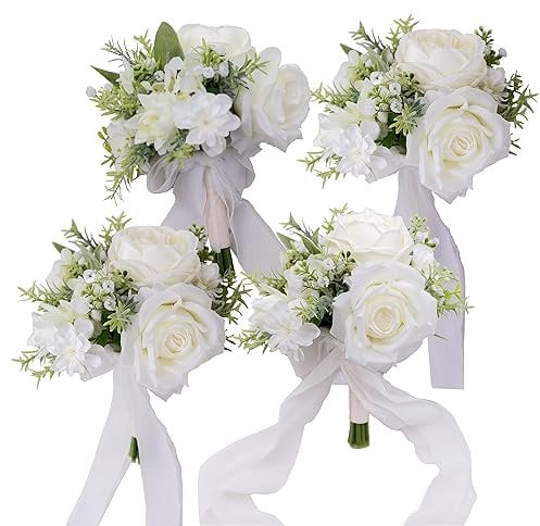 BENCENTRE 17,8 cm weißer und grüner Brautjungfernstrauß für Hochzeit, 4 Stück, kleiner Hochzeitsstrauß, für Heiratsantragsparty und Vintage-Hochzeitszeremonie, Jahrestag, künstliche Blumen
